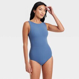 NWT Women's Luxe Stretch Boatneck Bikini Bodysuit - Auden Blue XL
